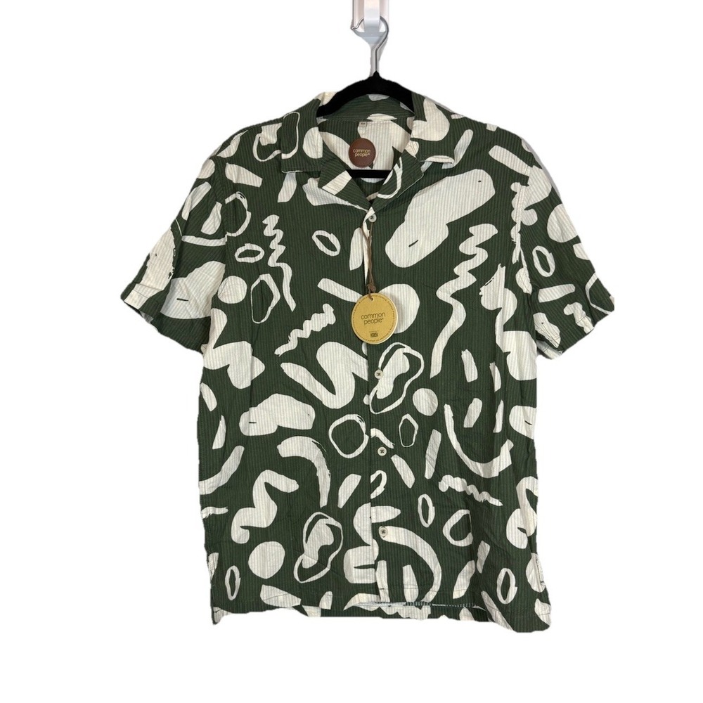 NWT Common Poles Mens Button Shirt Green Short Sleeve Retro Abstract Medium